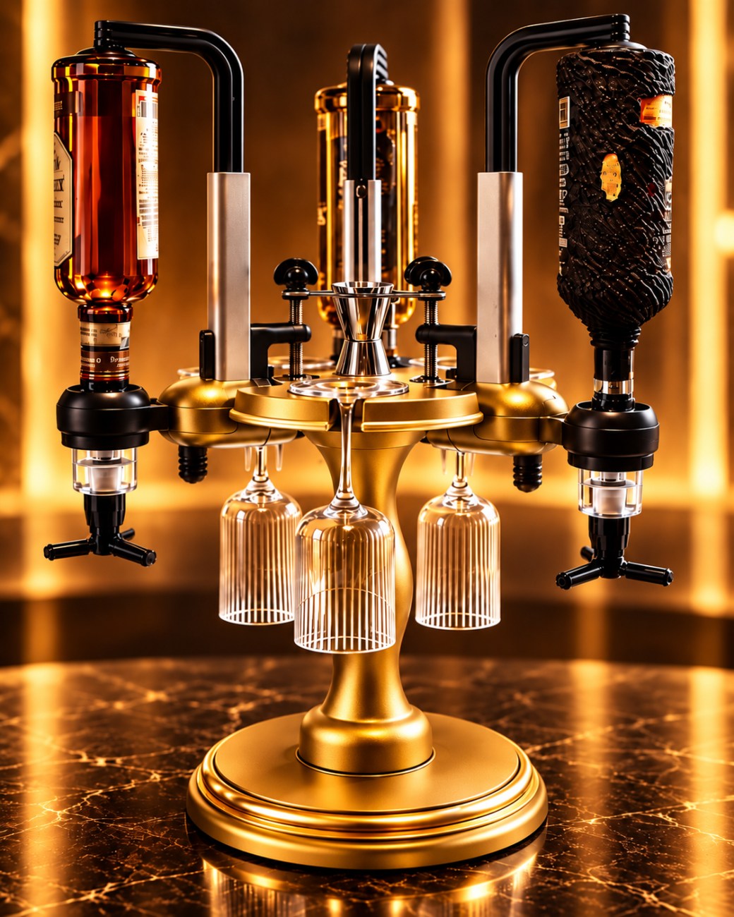 Five Robando Revolving Liquor Dispenser finishes: Bronze Mahogany, Royal Gold, Silver Frost, Matte Black and Gun Metal